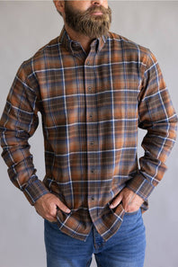 Orange and blue flannel patten, on a button down and long sleeve 