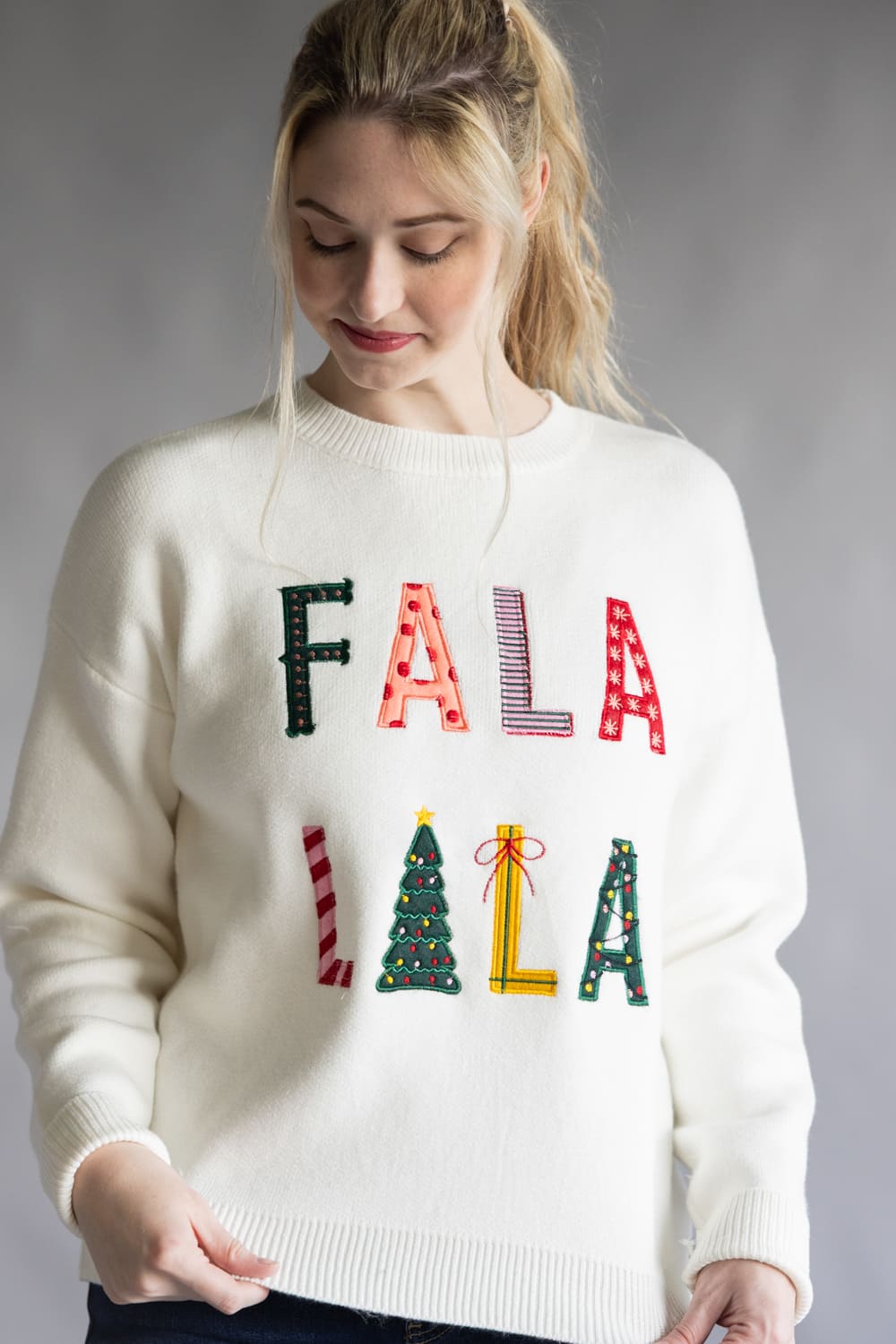 Fa La La Embroidered Sweater for Women in White