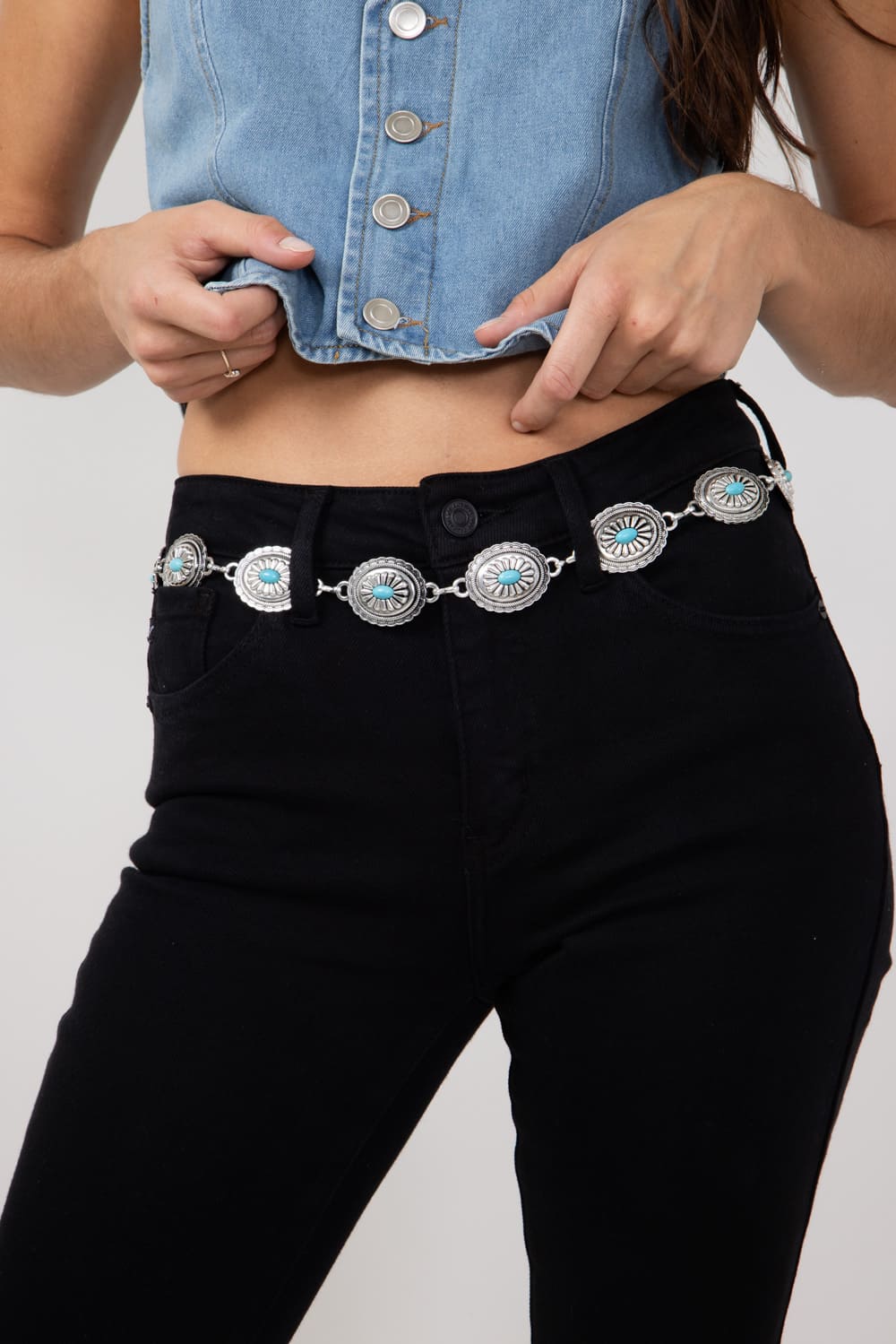 Oval Turquoise Concho Chain Belt for Women in Silver MML8656S