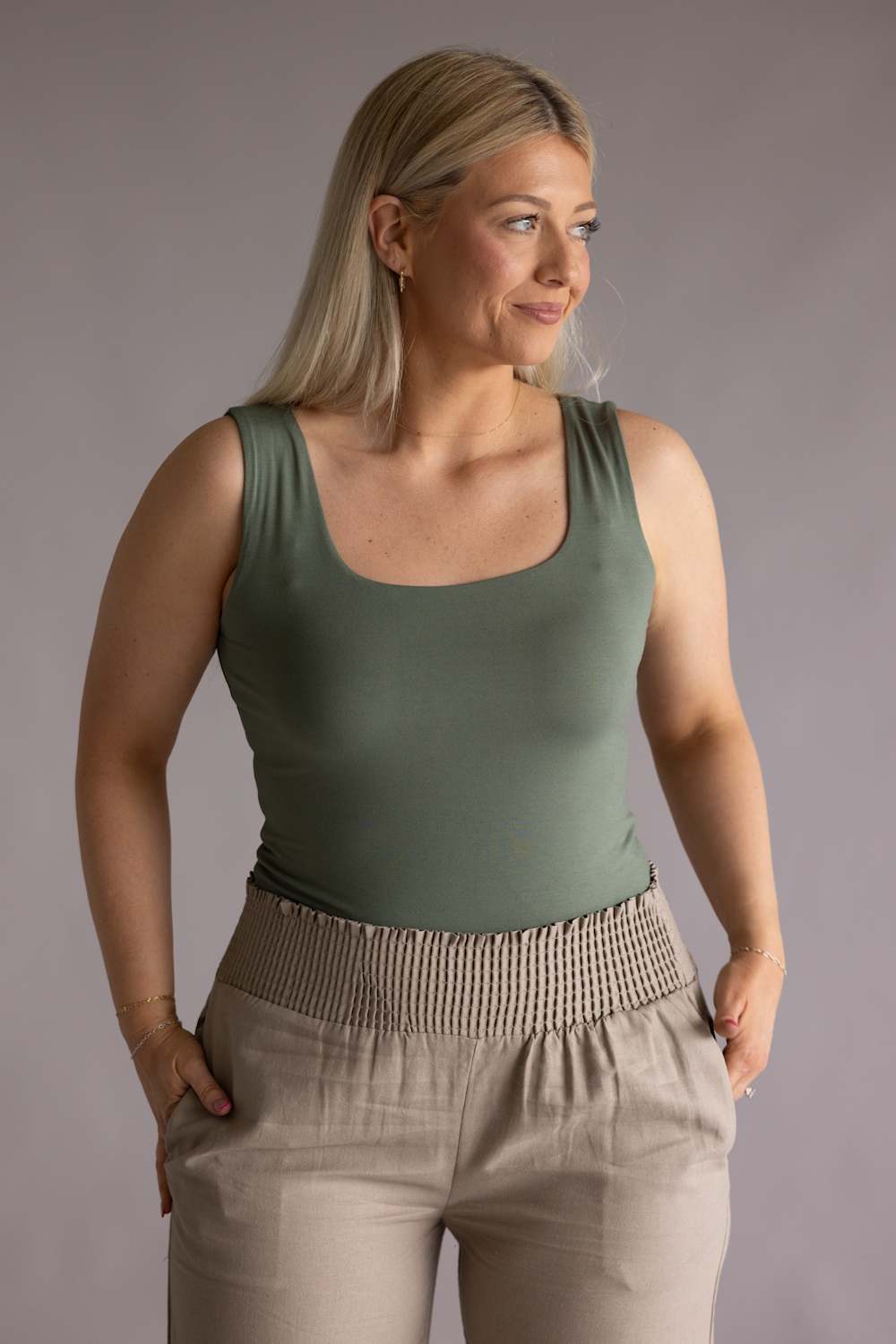 Final Touch Double Layer Tank Top for Women in Olive | VT16608