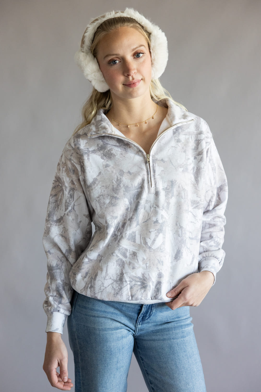 Fleece Half Zip Sweatshirt for Women in Cream Camo