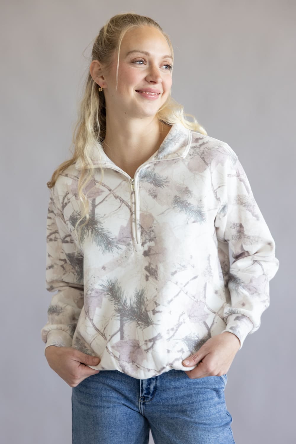 Fleece Half Zip Sweatshirt for Women in Pink Camo