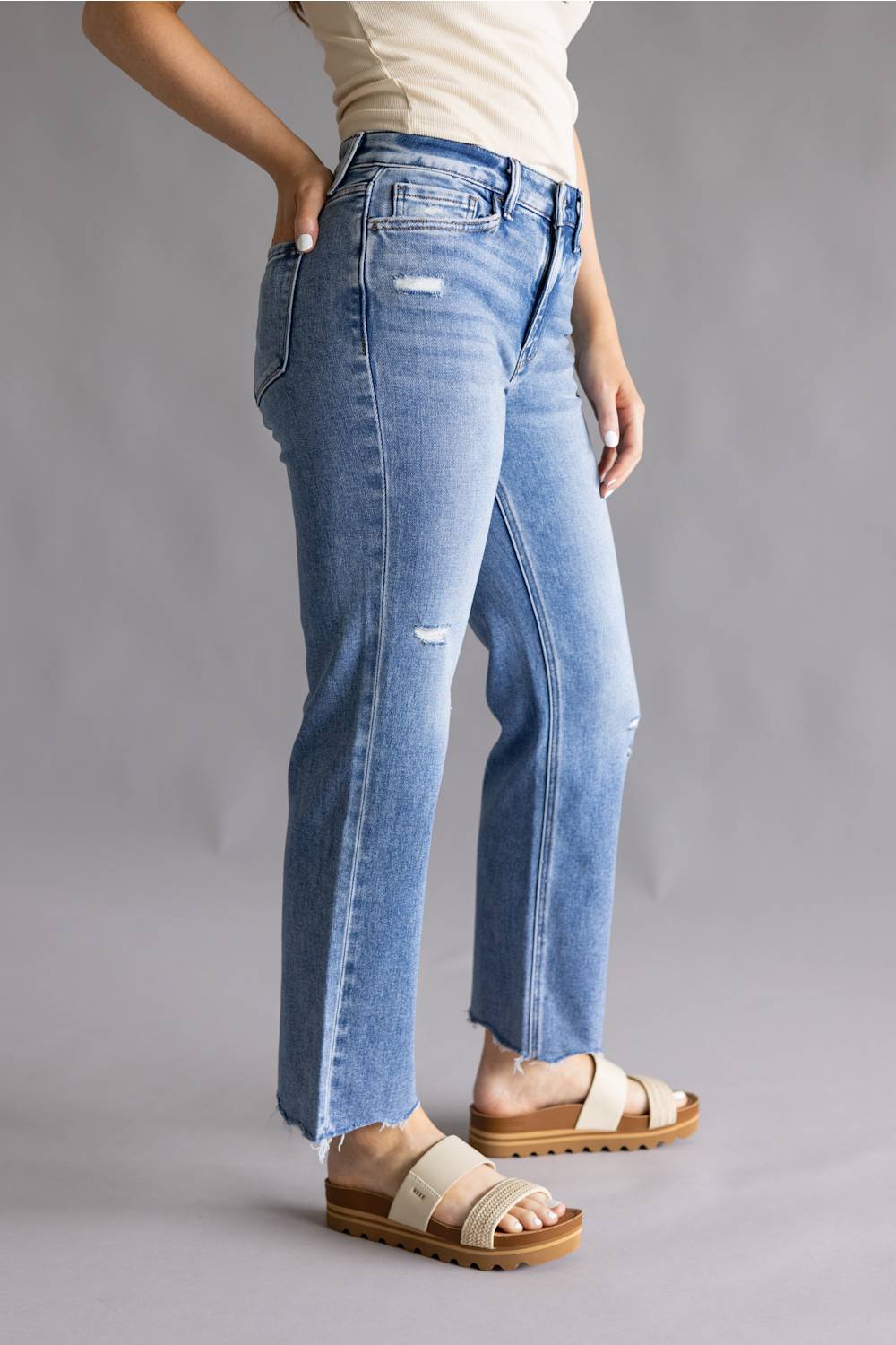 Flying Monkey High Rise Ankle Straight Fray Hem Jeans for Women