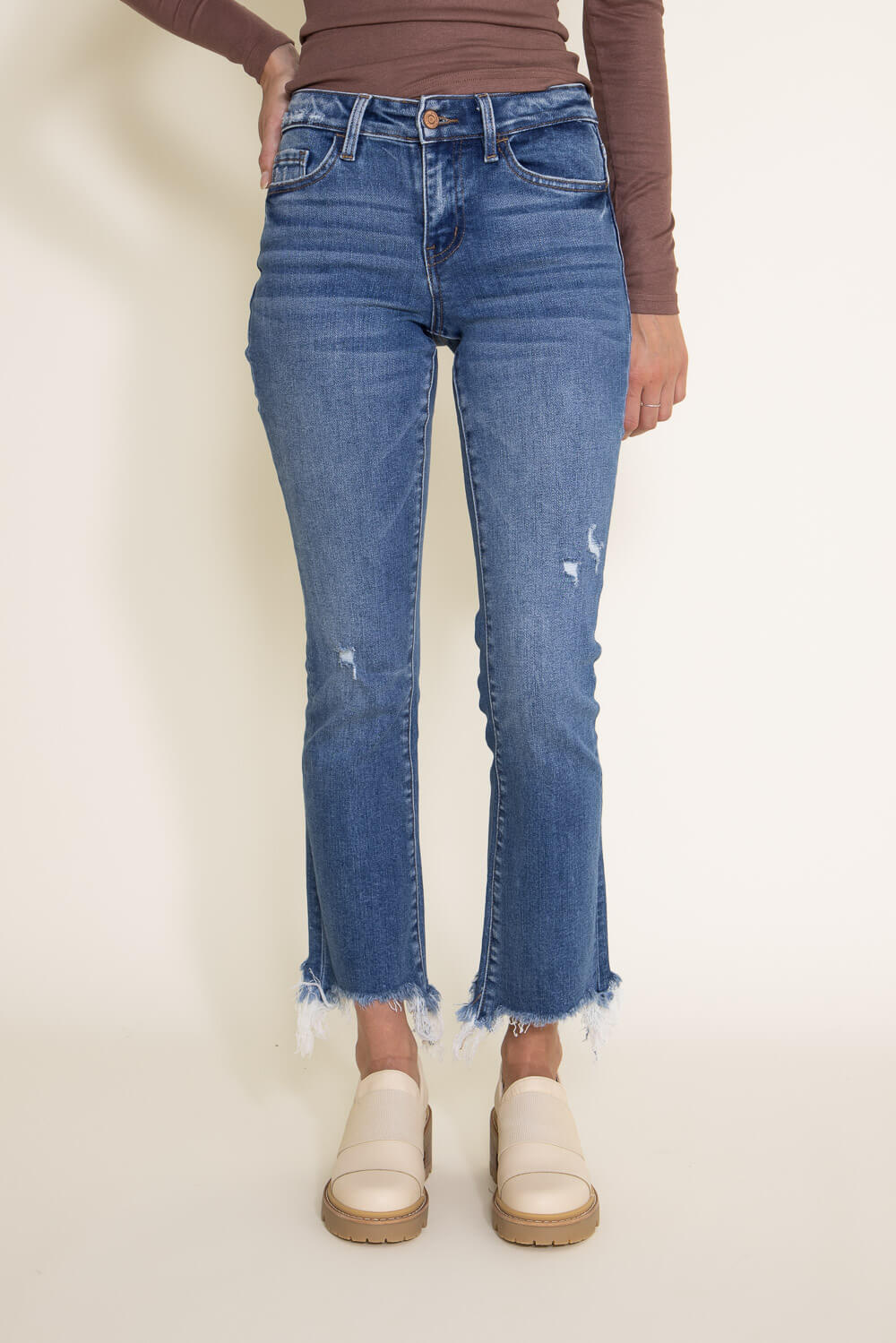 Flying Monkey Mid-Rise Destructed Hem Crop Bootcut Jeans for Women