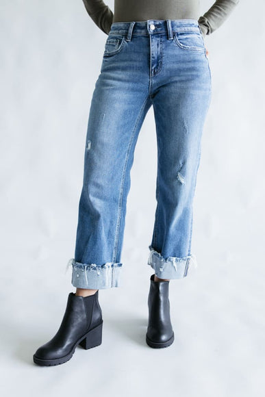 Flying Monkey Mid-Rise Raw Cuffed Hem Slim Wide Leg Jeans for Women