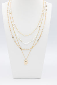 Four Layer Pearl Charm Necklace Set in Gold