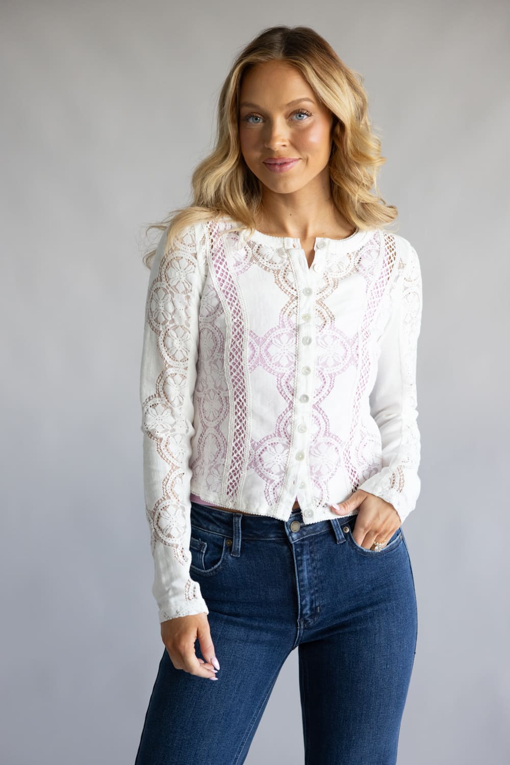 Free People Jae Sheer Lace Knit Top for Women in Sugar Swizzle