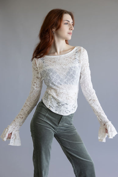 Free People Lace Bell Sleeve Sheer Cotton Blend Top for Women in Clean Ivory
