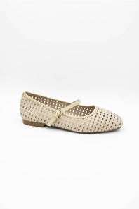 A single beige woven flat shoe with a small strap and buckle across the top, shown from a side profile on a white background.
