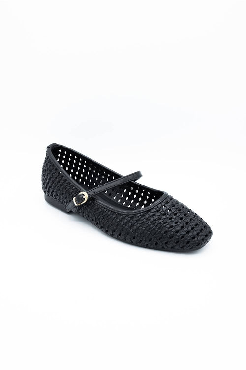 Image of a singular woven flat with a  strap across the ankle 