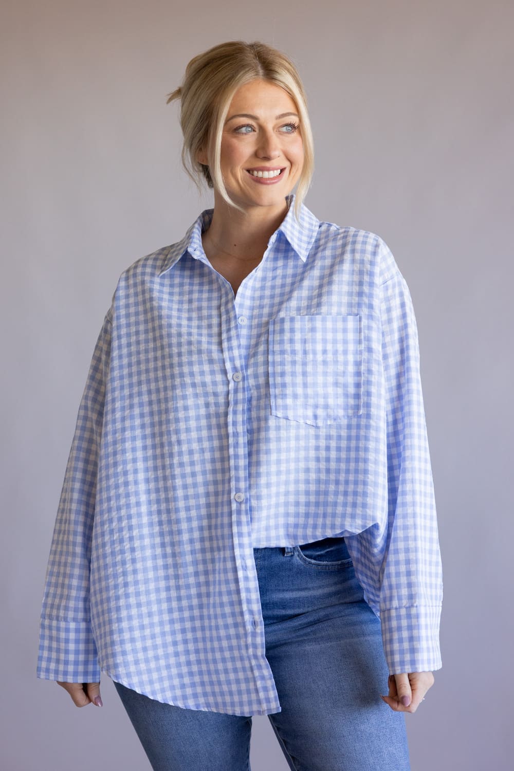 Gingham Oversized Button Up Shirt for Women in Light Blue