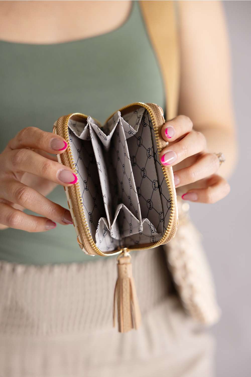 Weave Checkered Zipper Wallet for Women in Tan