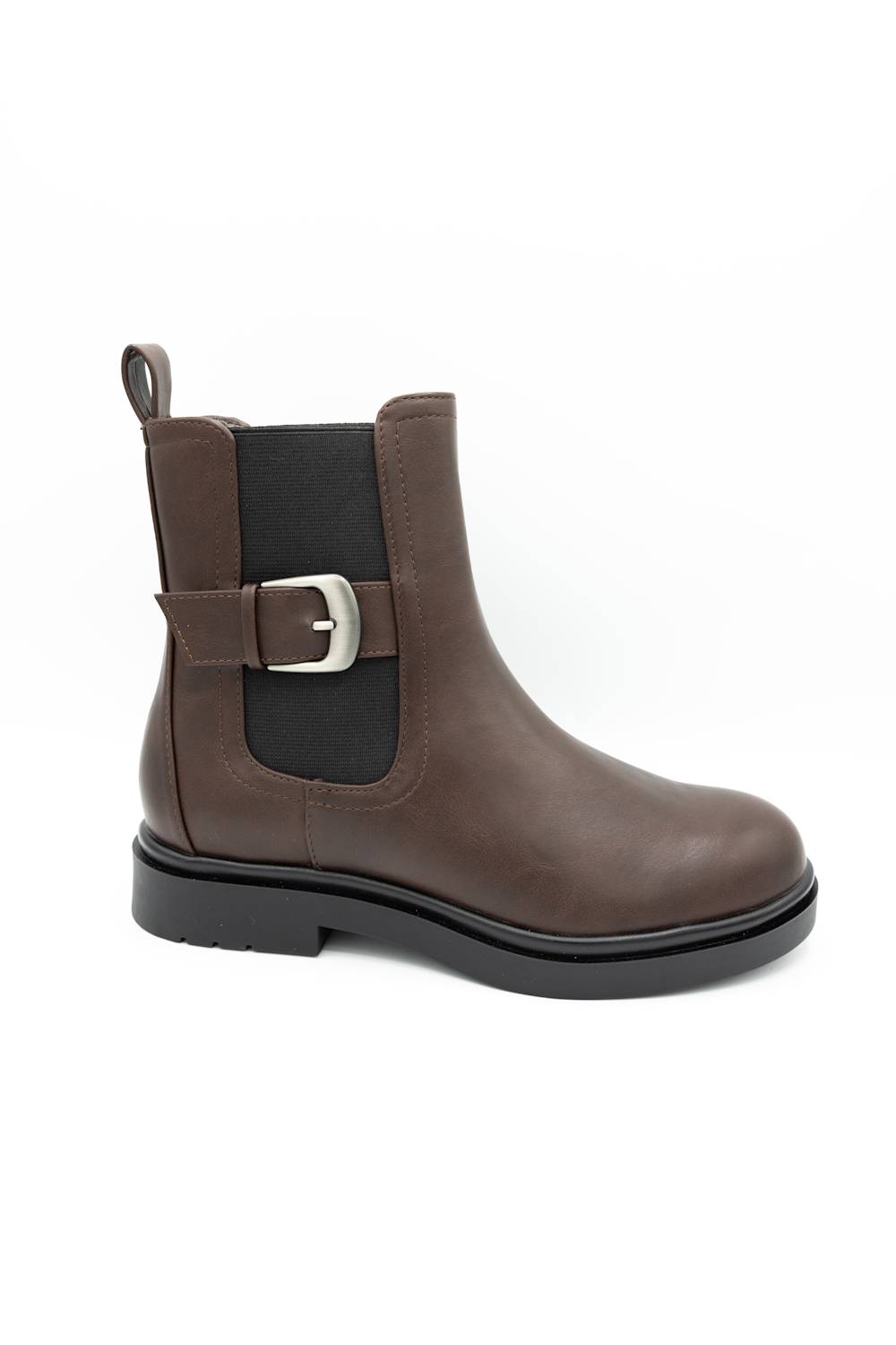brown leather boot with a thick sole on a light gray background