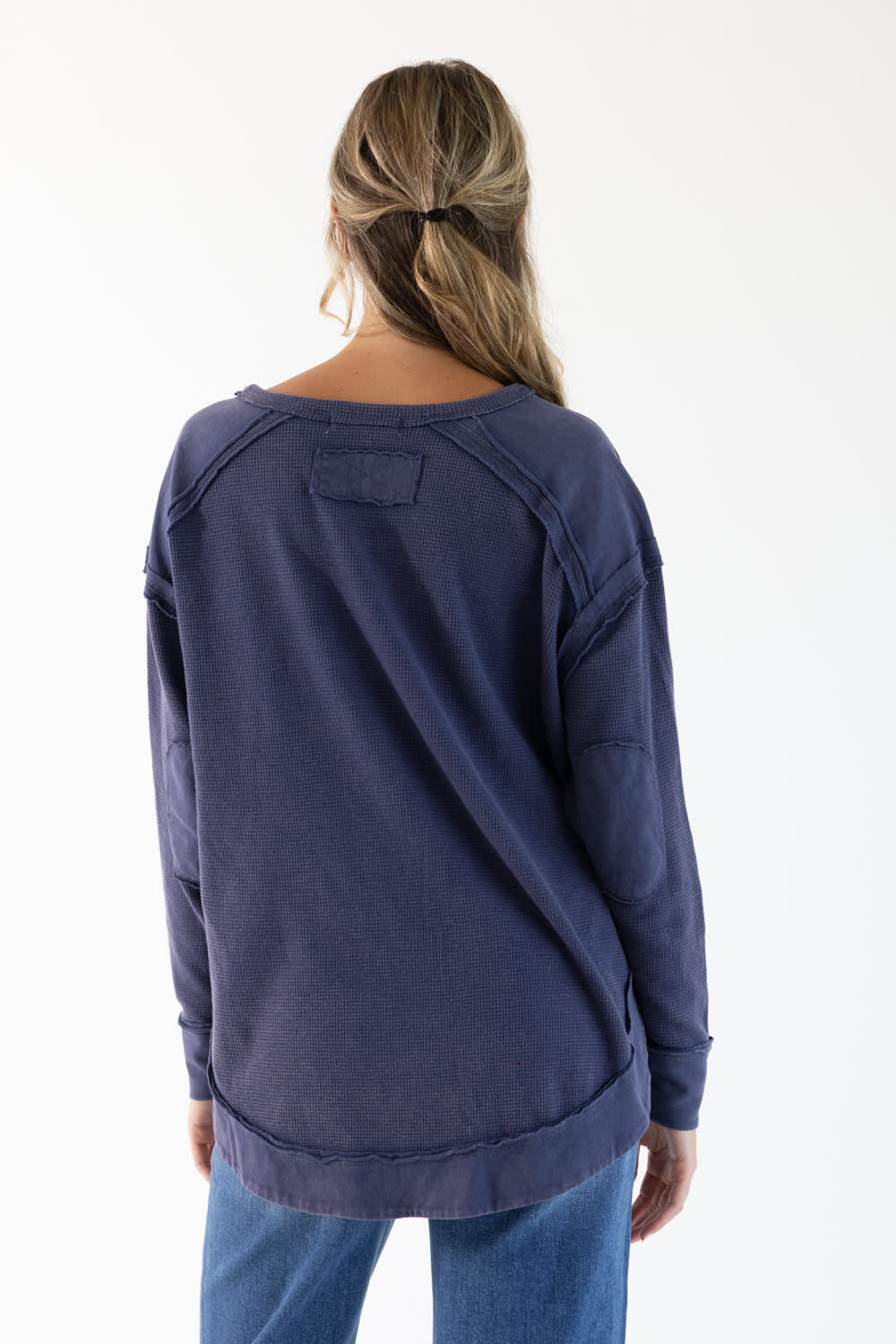 Simply Southern Curved Hem Waffle Top for Women in Dusk Blue | PP-0226-PULL-WFL-DUSK