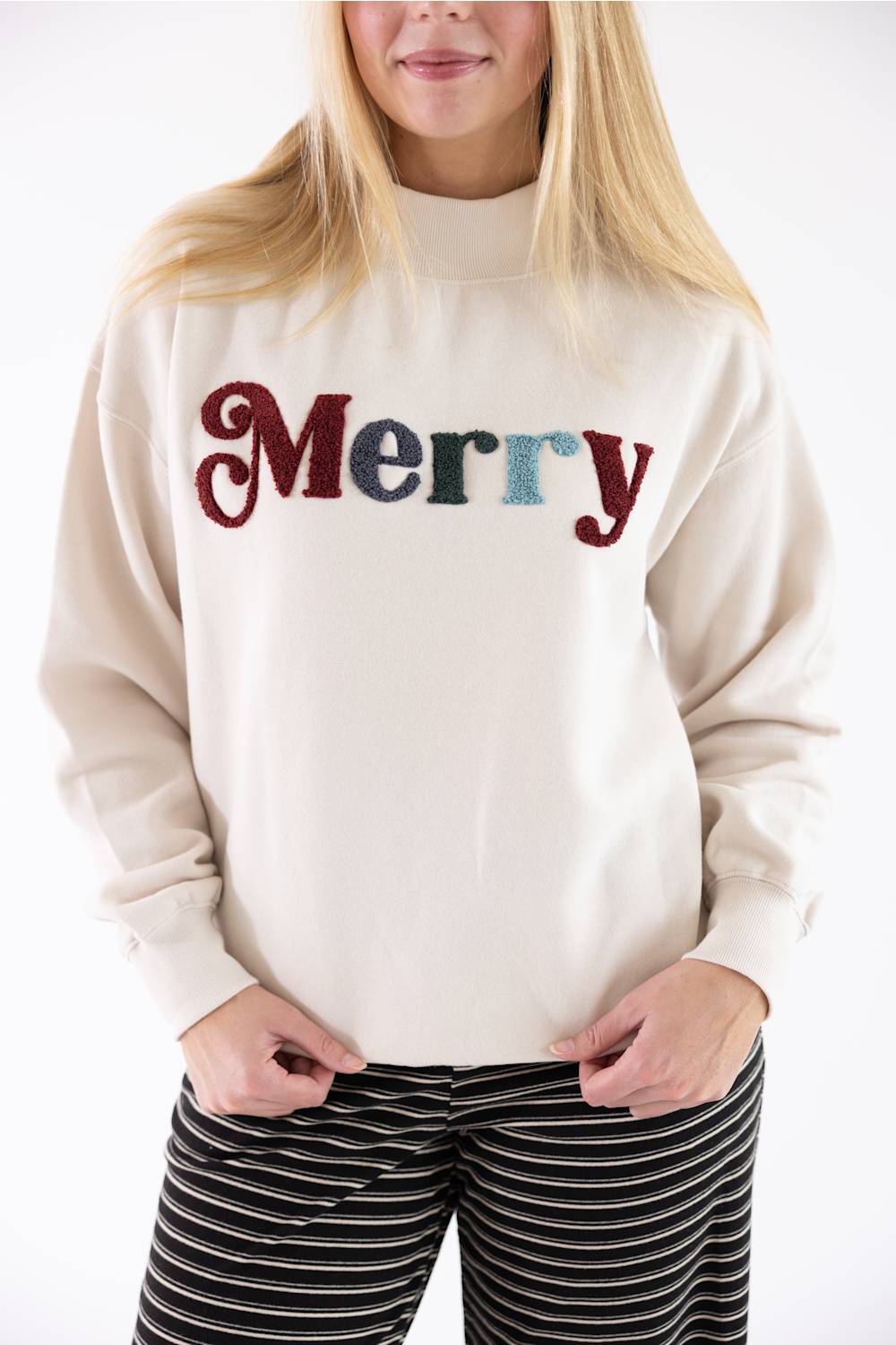 1897 Active Merry Chenille Patch Mock Neck Sweatshirt for Women in Beige
