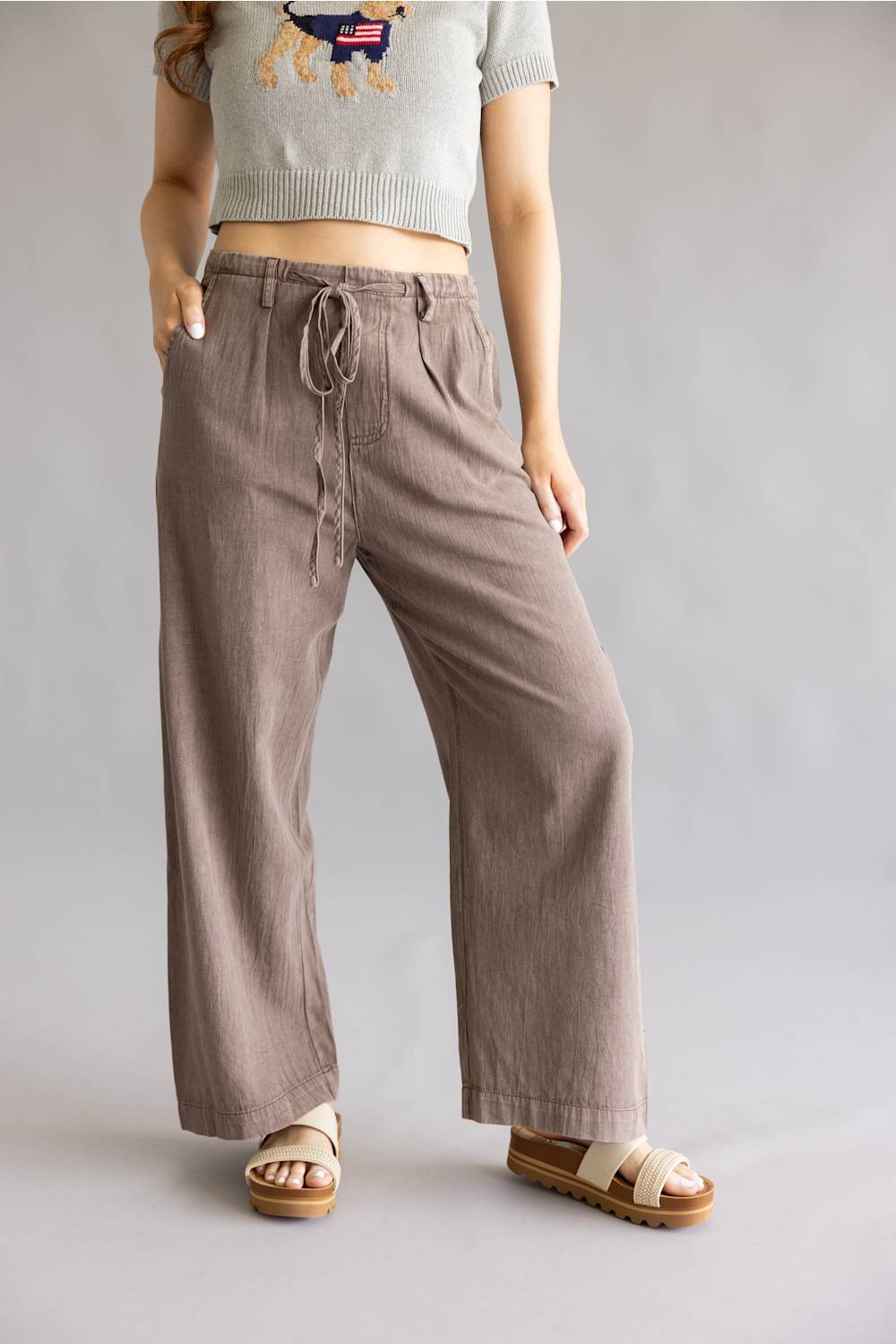 Garment Dyed Washed Tie Waist Pants for Women in Brown