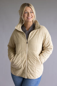 Garment Washed Quilted Jacket for Women in Beige