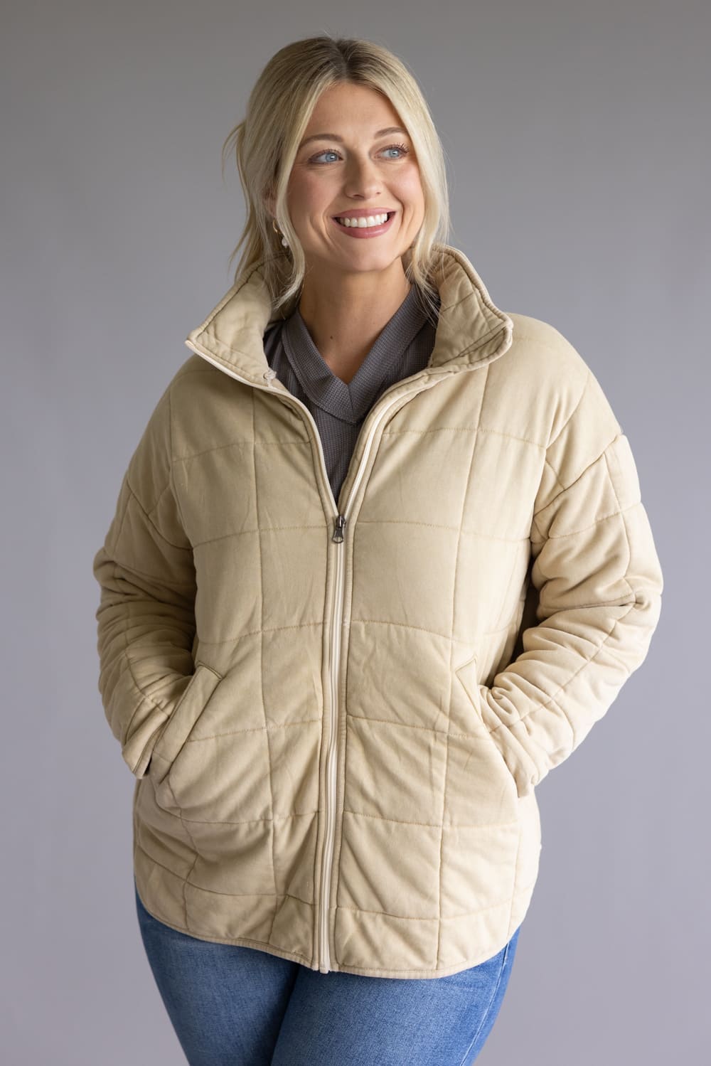 Garment Washed Quilted Jacket for Women in Beige