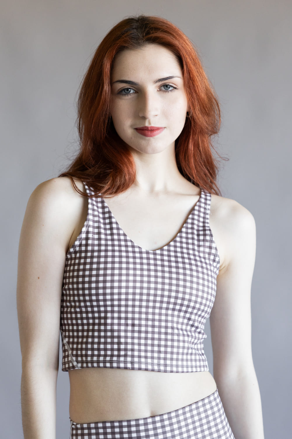 Gingham Crop Athletic Tank Top for Women in Brown/White