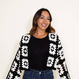 Granny Square Crochet Cropped Cardigan for Women in Black/White