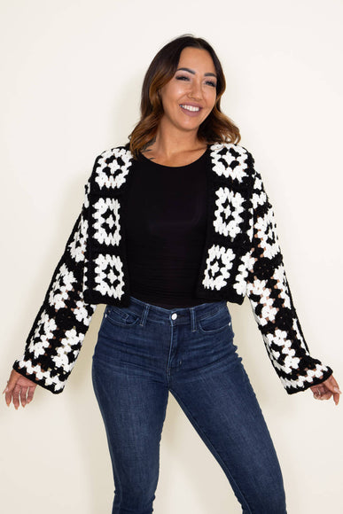 Granny Square Crochet Cropped Cardigan for Women in Black/White