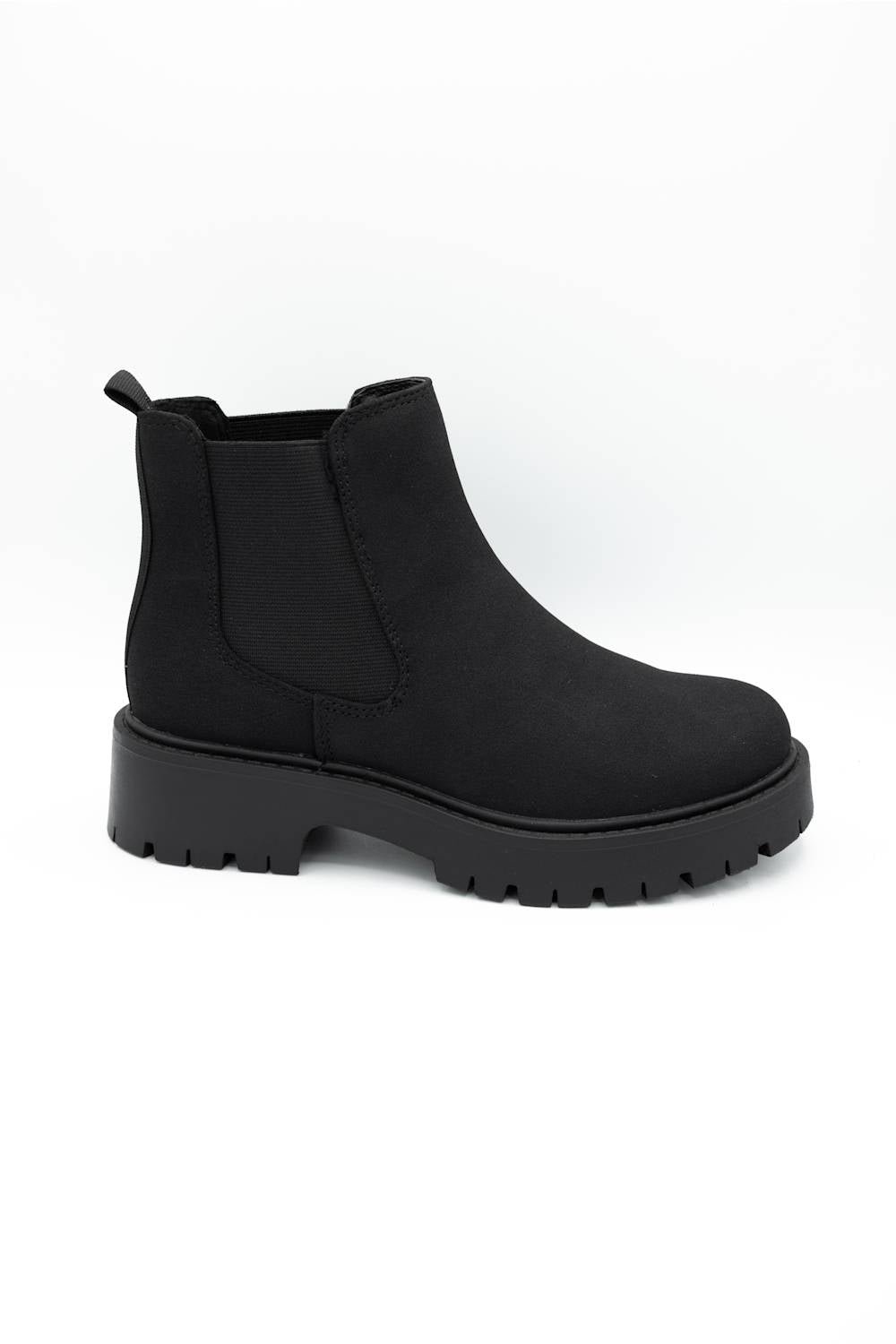 A single black Chelsea-style ankle boot with a chunky lug sole, shown in a side profile on a plain white background.