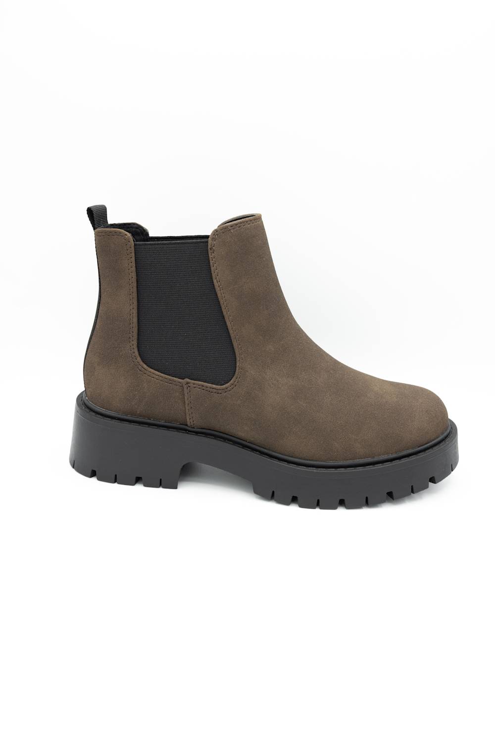 A single brown suede Chelsea boot with a black elastic side panel and a chunky black lug sole, shown from a side profile on a white background.