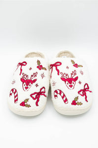 slipper close ups of the reindeer, bow, candy cane, and other holiday motif designs on the top 