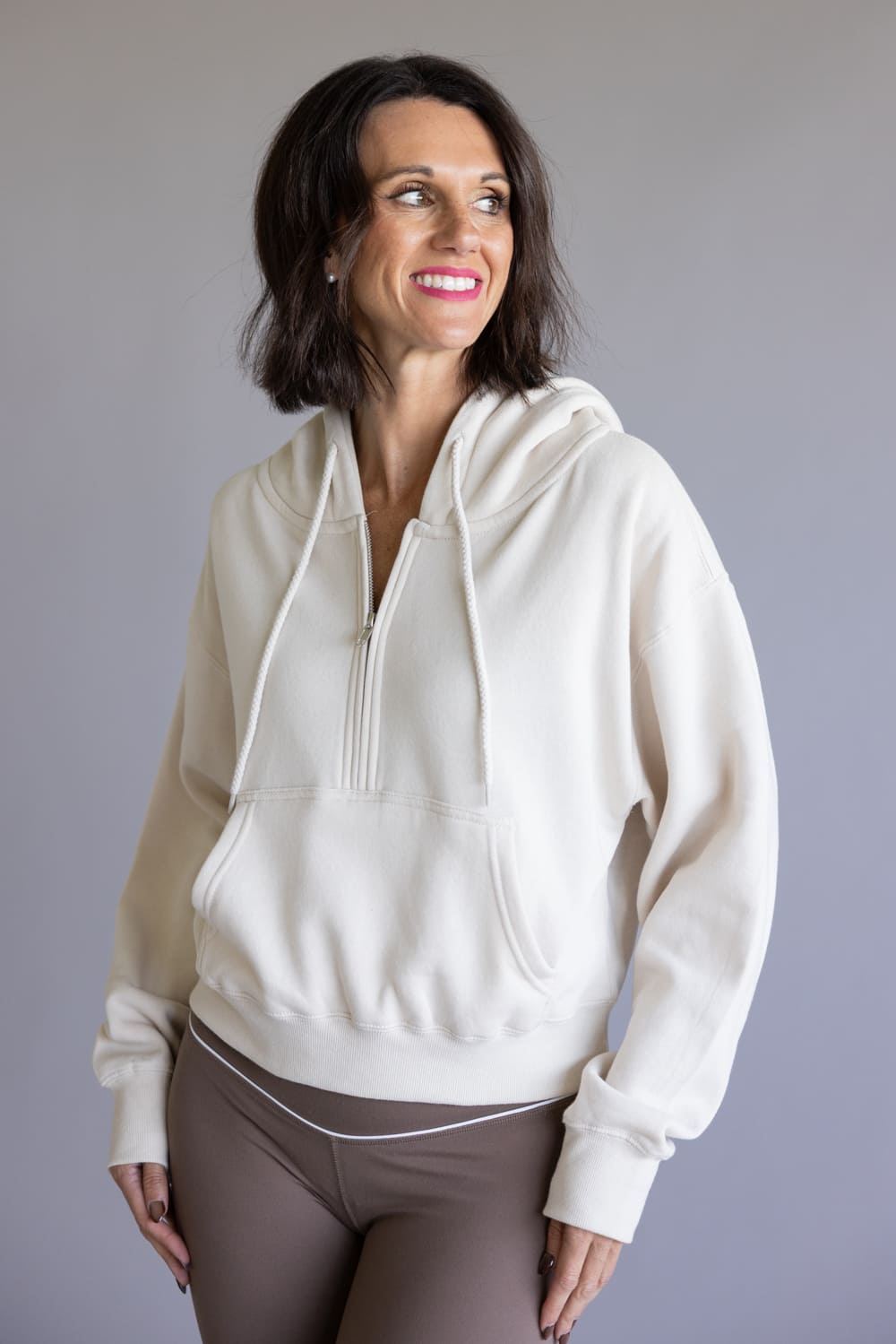 Half Zip Drawstring Fleece Hoodie for Women in Beige