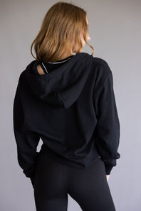 Half Zip Drawstring Fleece Hoodie for Women in Black