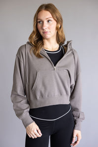 Half Zip Drawstring Fleece Hoodie for Women in Brown