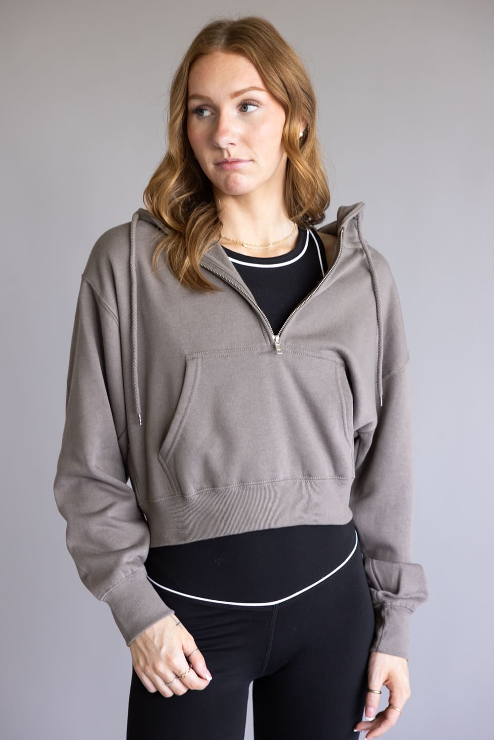 Half Zip Drawstring Fleece Hoodie for Women in Brown