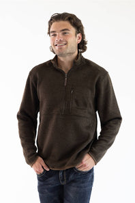 A man wearing the Hallstatt Fleece Quarter Zip Pullover for Men in Heather Brown with a full zip front, knit-like material, vertical zipper pocket on the chest, and front hand pockets.