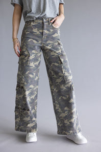 Hidden Nori Camo High Rise Wide Leg Cargo Jeans for Women in Green