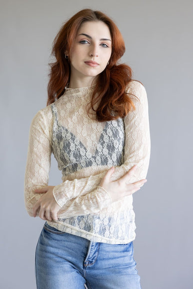 High Neck Lace Sheer Layering Top for Women in Champagne