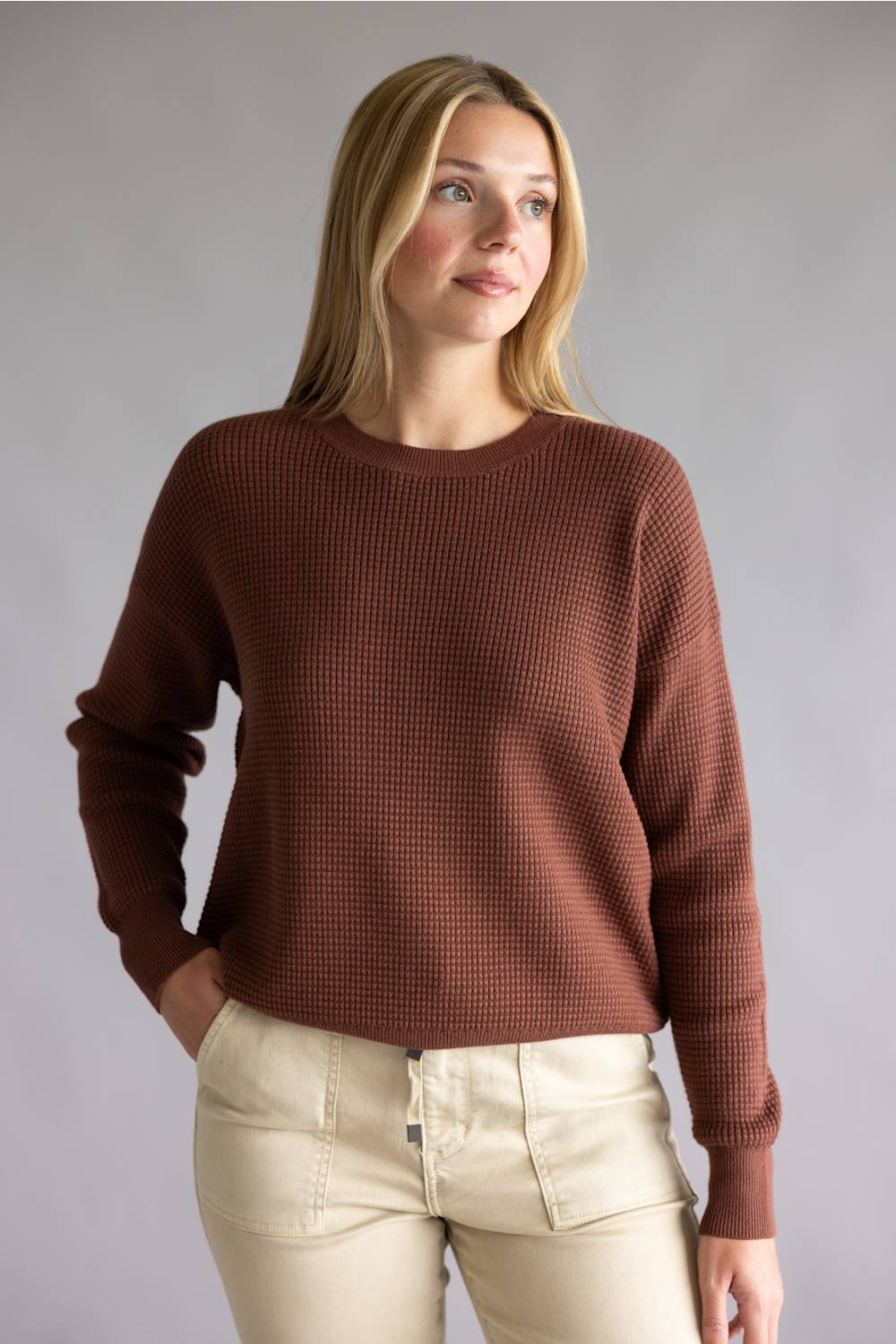 Tea N Rose Drop Shoulder Waffle Sweater for Women in Puce