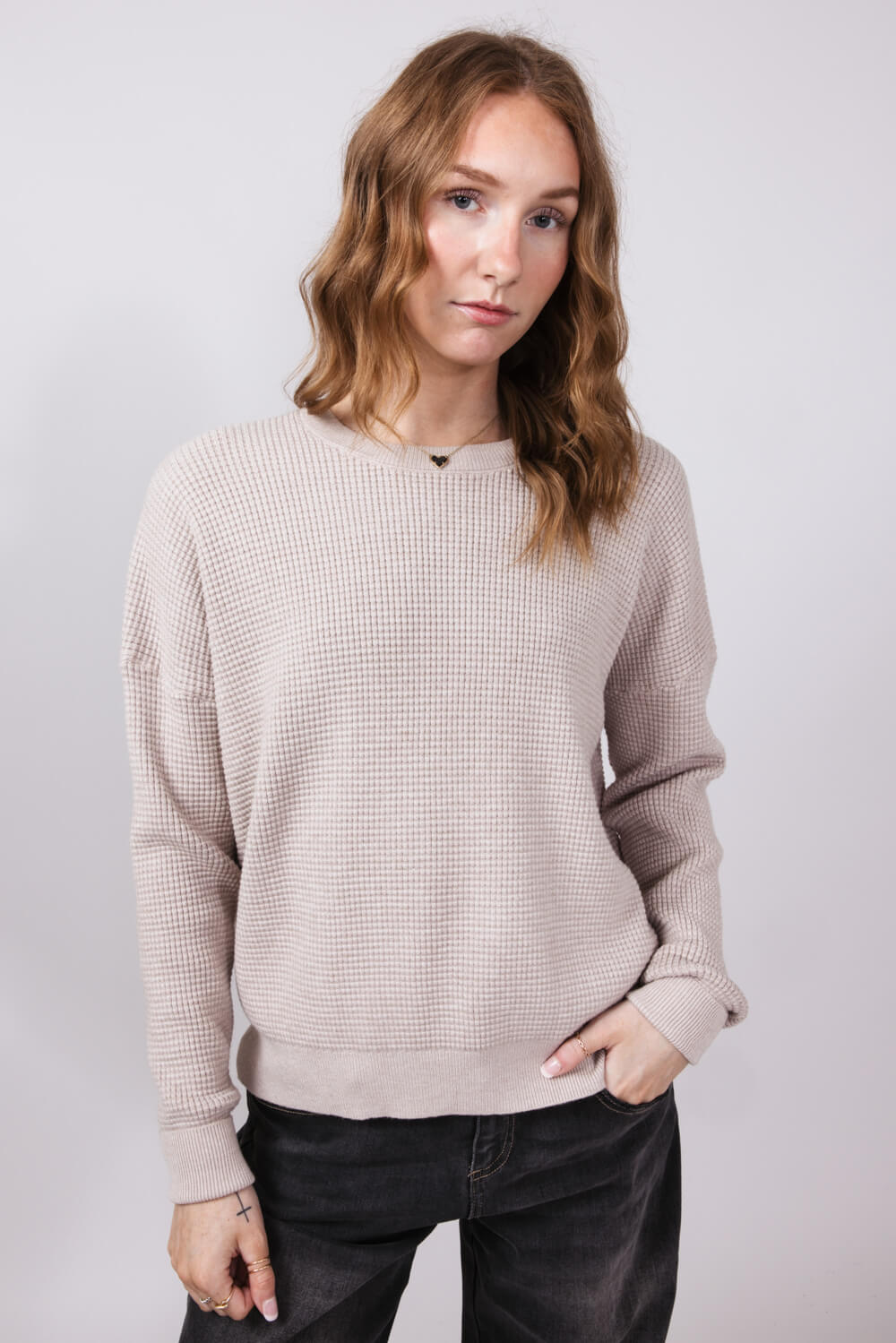Drop Shoulder Waffle Sweater for Women in Stone