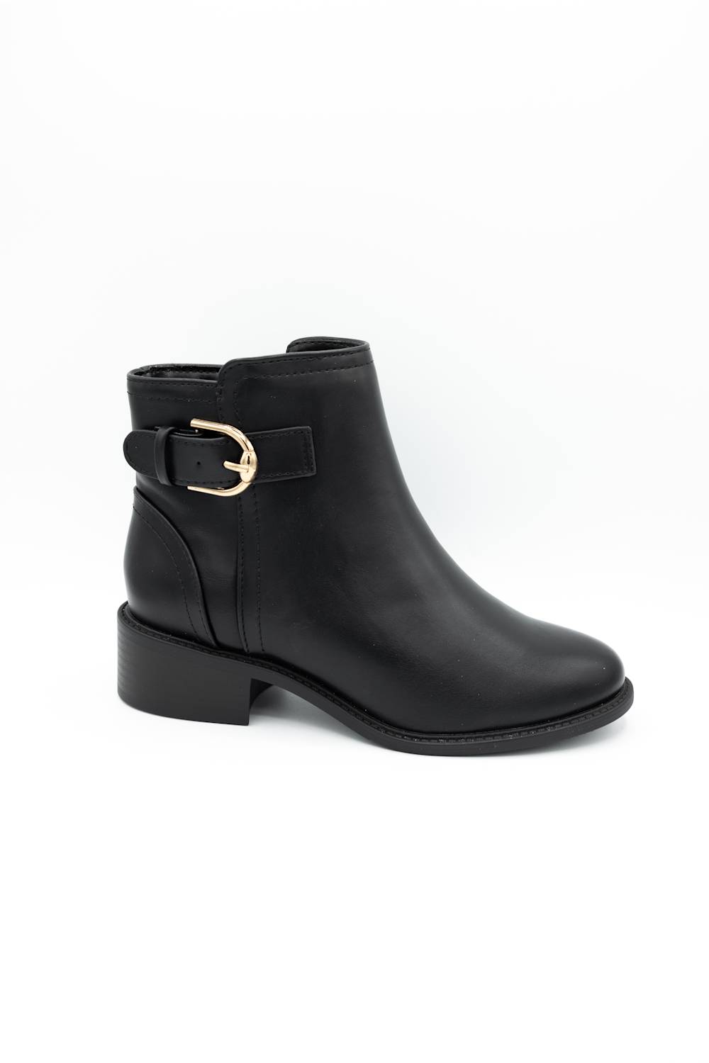 A black leather ankle boot with a low block heel and a decorative strap with a gold buckle on the side, shown against a plain white background.