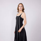 Linen Piping Midi Dress for Women in Black