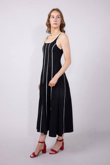 Linen Piping Midi Dress for Women in Black