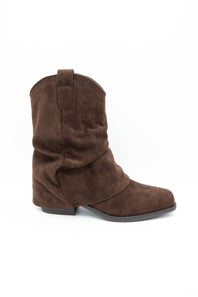 A single brown suede western-style ankle boot with a low block heel, shown from a side profile on a white background.