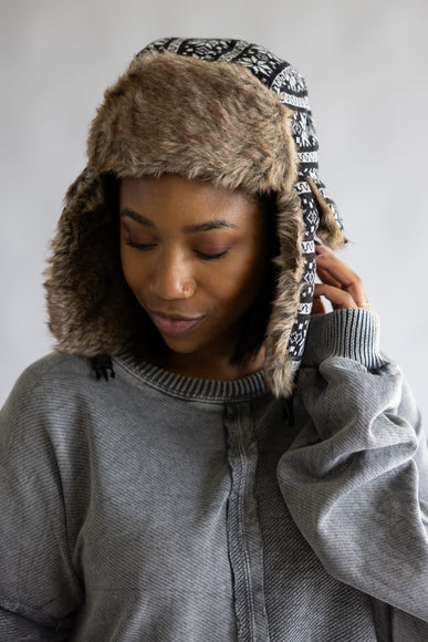 Faux Fur Trapper Hat for Women in Snowflake Black 