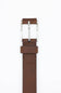 A brown leather belt with a polished silver-tone metal buckle, shown vertically against a plain white background.