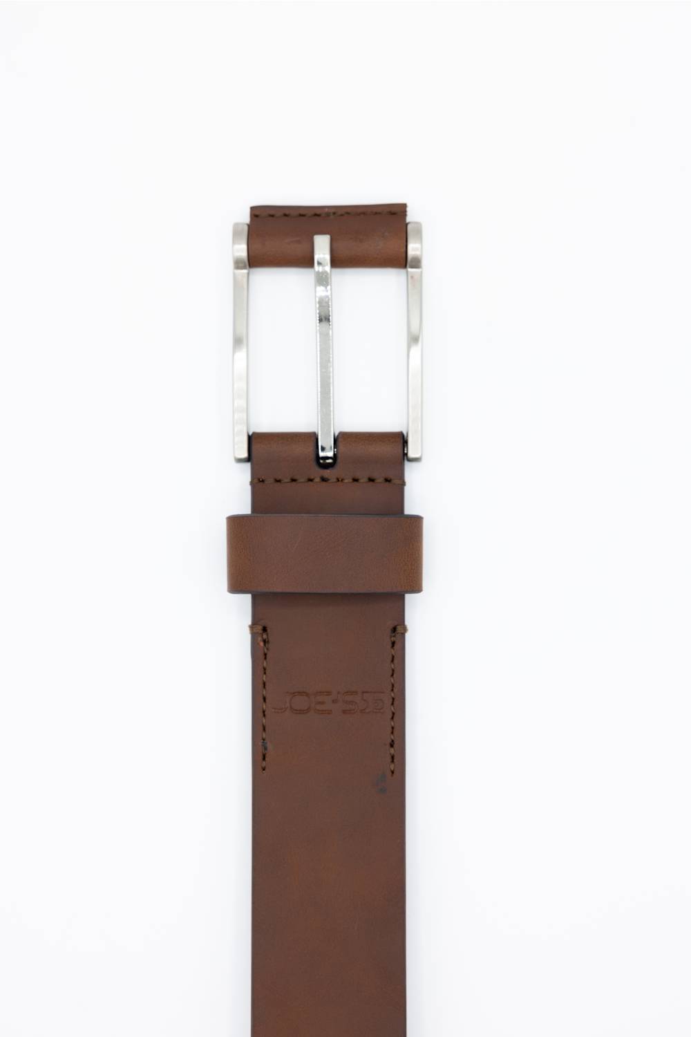 A brown leather belt with a polished silver-tone metal buckle, shown vertically against a plain white background.