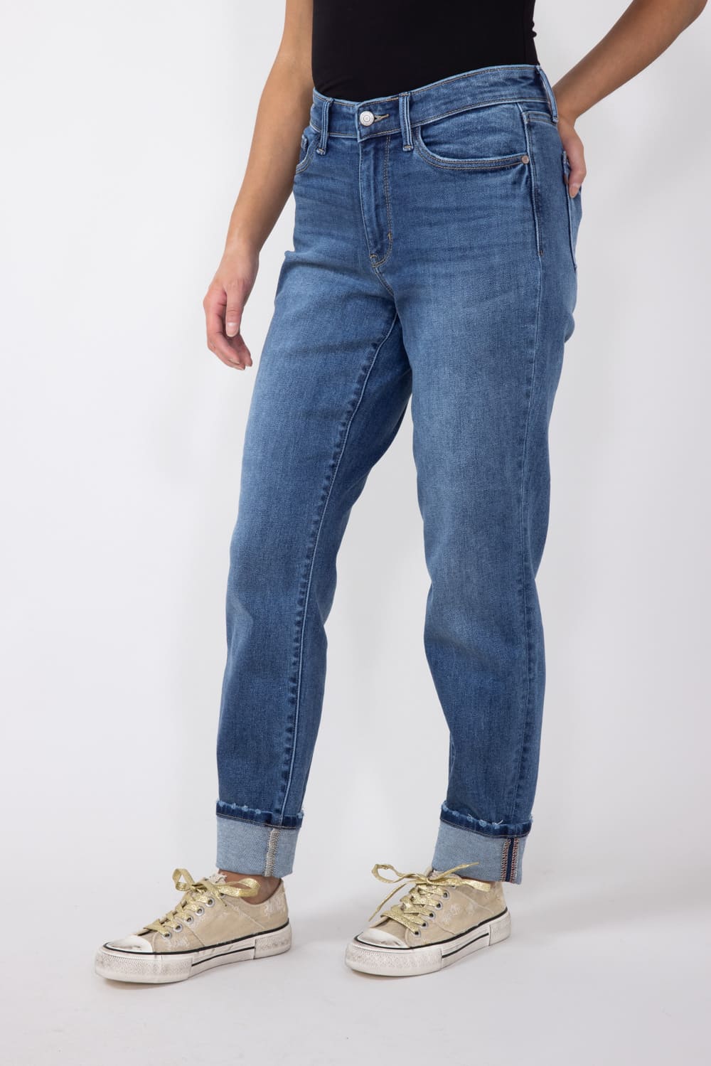Judy Blue Mid-Rise Dark Wash Cuffed Boyfriend Jeans for Women