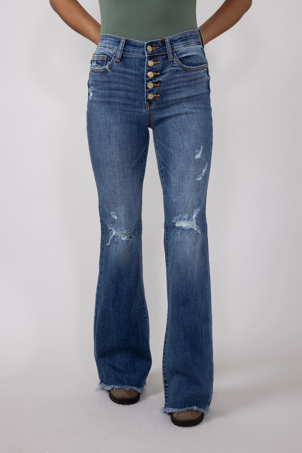 Judy Blue Mid Rise Medium Wash Flare Frayed Hem Distressed Jeans for Women