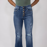 Judy Blue Mid Rise Medium Wash Flare Frayed Hem Distressed Jeans for Women