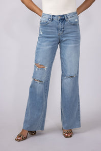 Judy Blue Mid Rise Ripped Wide Leg Jeans for Women