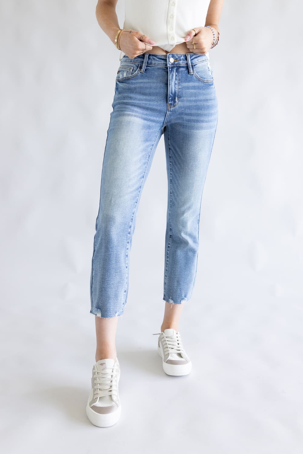 Judy Blue Full Size Mid Rise Raw Hem Slit Flare Jeans main image 1