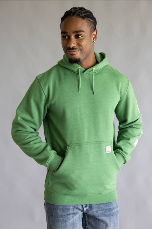 Green Carhartt hoodie with sleeve logo details in camo 